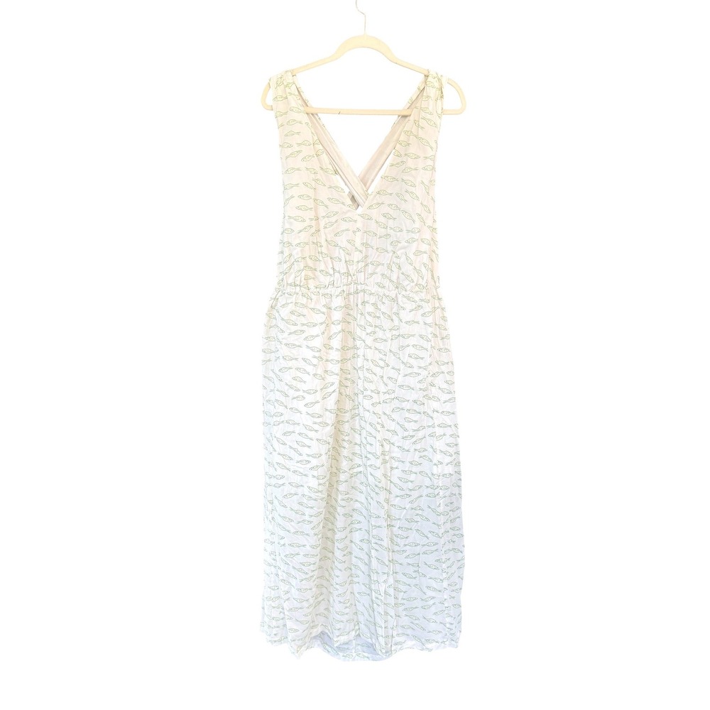 A New Day XXL White Green Fish Print V-Neck Sleeveless‎ Maxi Dress Cotton Blend